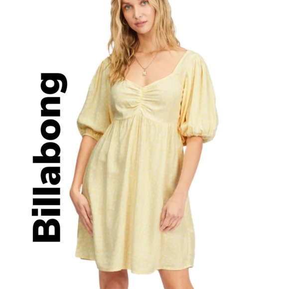 Billabong Sea Side Bay Baby doll Yellow Puff sleeves Smock Back Dress sz S - Picture 1 of 13